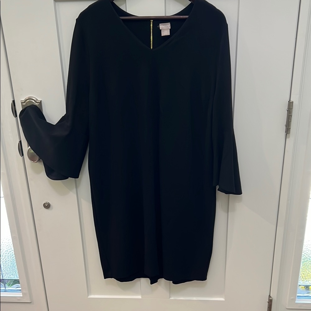 Chico's Black Sheath Dress with Bell Sleeves and V-Neck